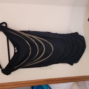 CACHE black sleeveless  ruched top with gold chains.